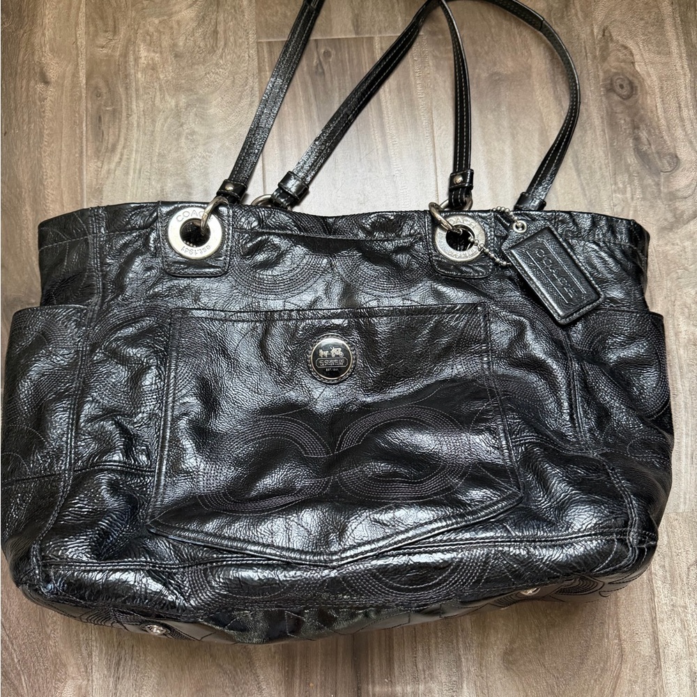 Coach Black Leather Signature-Pattern Tote with Silver Hardware diaper bags
